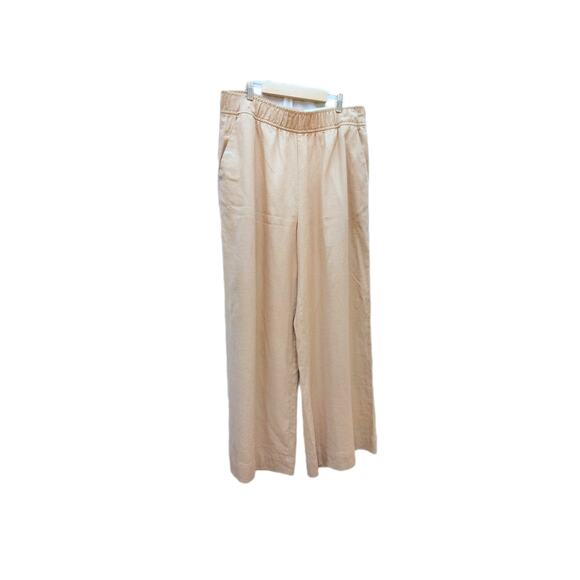 Womens Linen Blend Pants Size L Tan High Waisted Wide Leg Flare Elastic Pull On - Picture 4 of 4